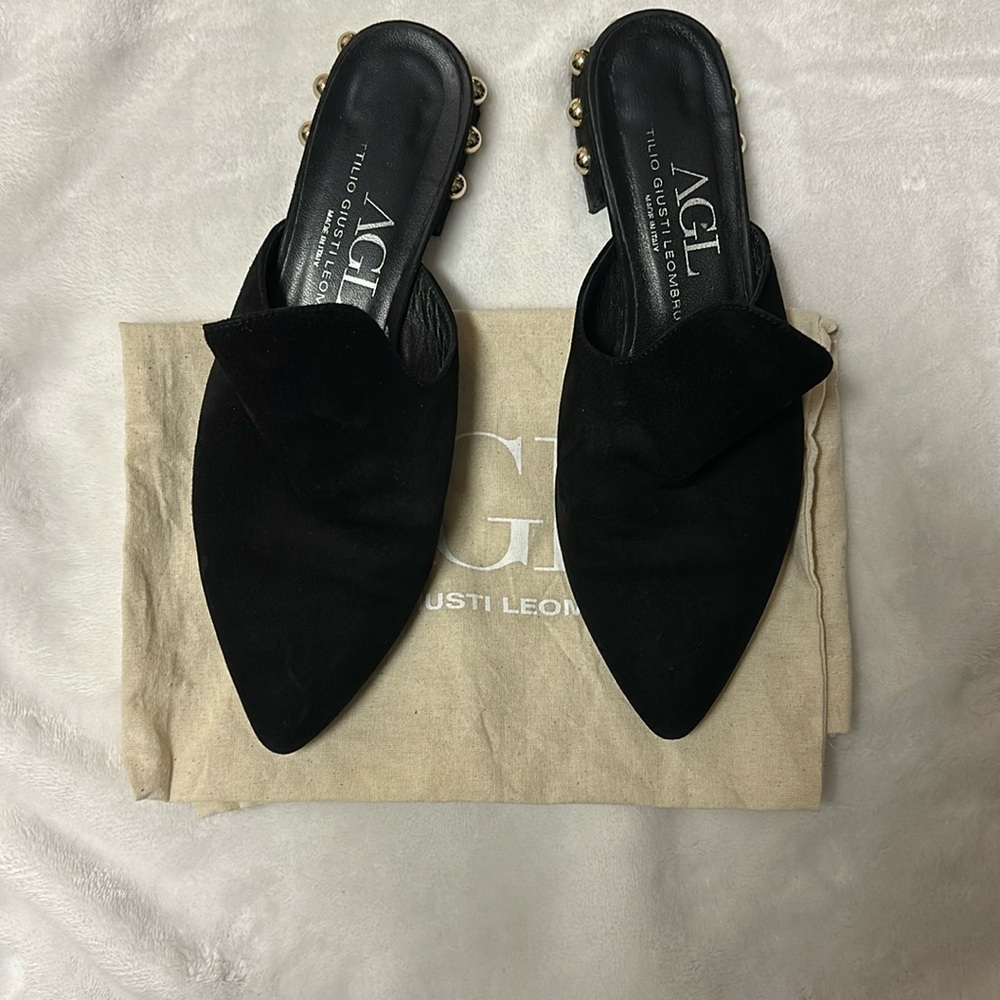 AGL Black Suede Mules with silver studs around heel size 37.5